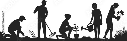 Gardening teamwork silhouette illustration with people digging, raking, planting, watering, and holding plants, symbolizing eco lifestyle, outdoor activity, and environmental care