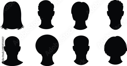 Human head silhouette set with diverse hairstyles and profiles, representing fashion, identity, diversity, grooming, and design references for creative projects