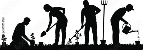 Gardening teamwork silhouette illustration with people planting, digging, raking, and watering plants, representing eco lifestyle, outdoor activity, and nature care design