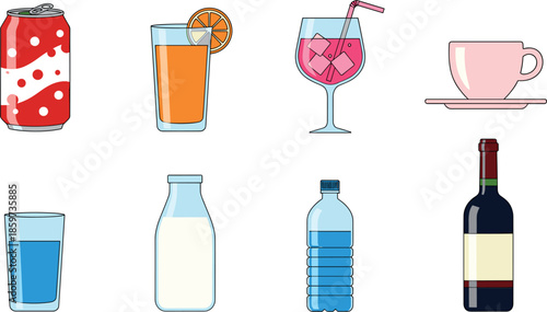 Vector Illustration Set of Refreshing Beverages Soda Milk and Wine