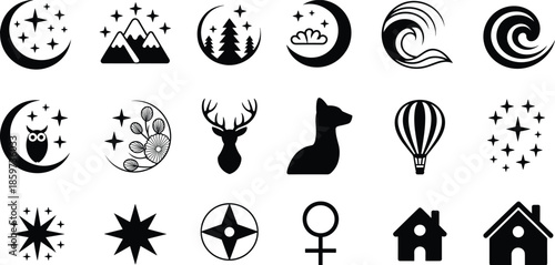 Mystical celestial and nature icons set with moon stars mountains animals waves and symbols black silhouette vector illustration collection
