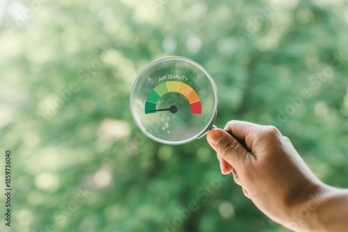 hand holding a magnifying glass to check the good air quality and clean outdoor air quality safe from pollution dust PM 2.5 