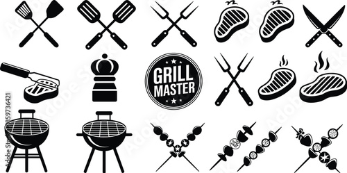 Barbecue grill icon collection featuring steaks tools skewers and grill master emblem isolated on white background flat black vector illustration