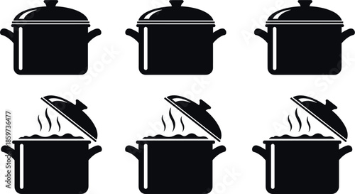 Vector Silhouette Illustration Set of Cooking Pots and Steaming Food