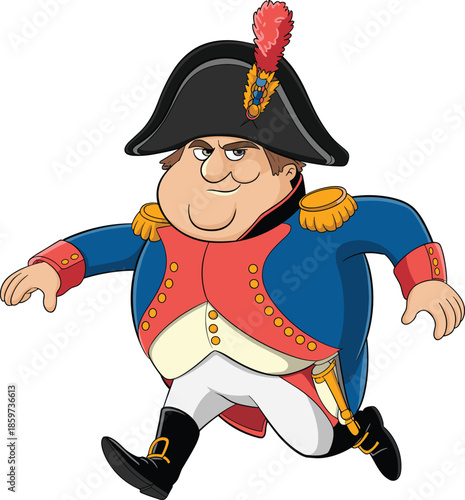 Cartoon Napoleon Bonaparte character illustration, funny historical French emperor in military uniform, caricature style artwork isolated on white background