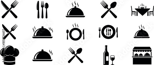 Vector Silhouette Illustration Set of Restaurant Dining Icons and Food Service Symbols