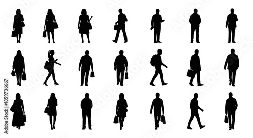 Silhouettes of people related to the theme of shopping. Vector illustration, transparent background SVG version.