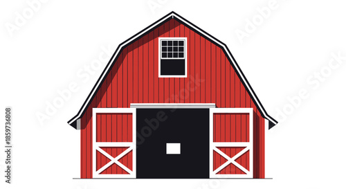 Traditional red wooden farm barn with white trim and large doors stands isolated on white background depicting rural life and agriculture themes.