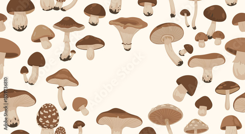Detailed seamless pattern showcases various types of brown edible mushrooms with different cap shapes and stems on soft cream colored background.