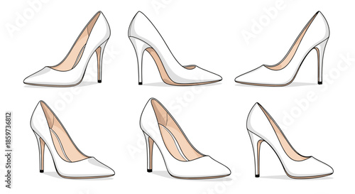 Collection of six elegant white high heeled pumps shown from multiple perspectives highlights fashion footwear design and formal style choices.