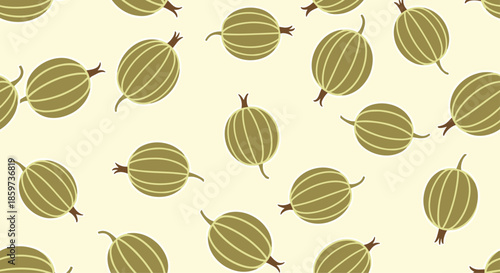 Repeated pattern of whole green gooseberries with characteristic stripes covers light background for fresh summer fruit and gardening concepts.