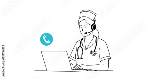 Minimalist line art depicts female medical professional wearing headset and stethoscope working at laptop for telemedicine and health support.