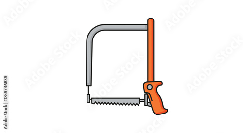Industrial hand tool illustration shows metal hacksaw with orange handle used for cutting through hard materials like metal or plastic pipes.