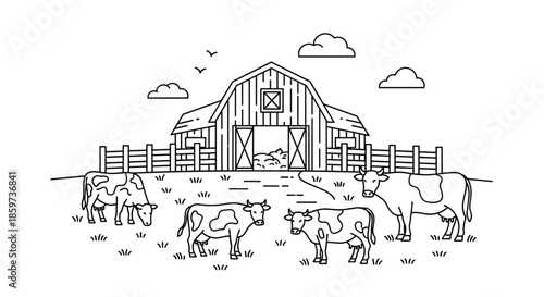 Black and white line drawing illustrates peaceful farm scene with cows grazing in field near large wooden barn and wooden fence perimeter.