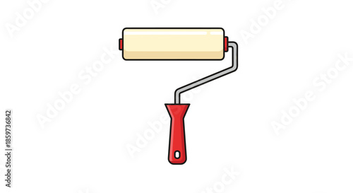 Handheld paint roller tool with red handle and cream colored sleeve is ready for home improvement renovation and wall decorating projects.