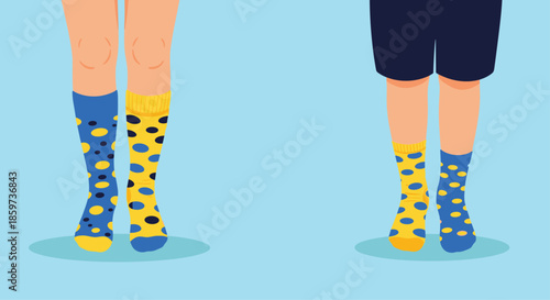 Playful image shows two pairs of legs wearing mismatched yellow and blue polka dot socks to celebrate individuality and world down syndrome day.