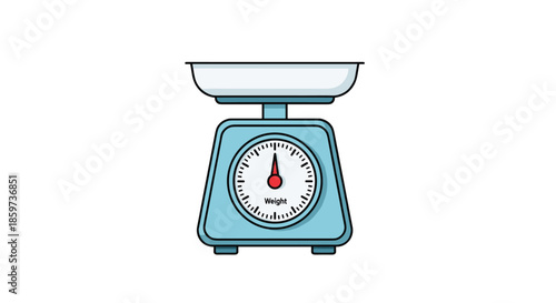 Traditional blue kitchen scale with white weighing bowl and red dial pointer is essential tool for precise ingredient measurement in baking.