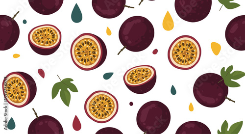 Exotic fruit pattern features whole purple passion fruits and cut slices showing seeds and juice for tropical food and beverage illustrations.