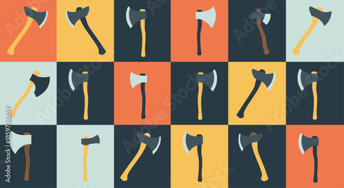 Large grid displays various types of axes and hatchets with different handle and blade shapes on colorful checkered background for woodcraft.