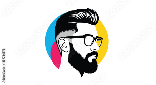 Modern silhouette profile of man with stylish hair beard and glasses set against vibrant abstract circular background for barbershop logos.