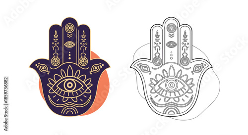 Two versions of ancient hamsa hand symbol include detailed colored design and simple black line art for spiritual protection and ethnic motifs.