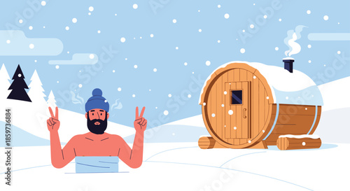 Man enjoys cold winter outdoor swimming near wooden barrel sauna in snowy landscape while making peace signs for healthy wellness lifestyle.