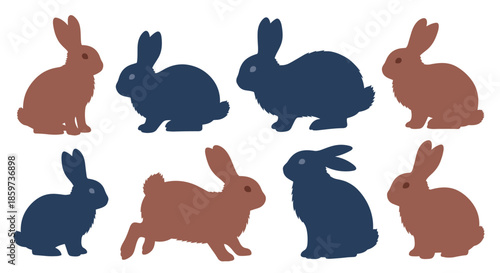 Collection of eight rabbit silhouettes in shades of brown and blue shows various poses like sitting and hopping for spring and nature themes.
