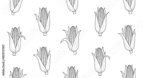 Seamless background pattern of hand-drawn black and white corn on the cob with husks in a vintage engraved style for food and farm themes.