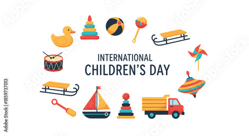 International Childrens Day celebration banner featuring a circle of colorful toys including a rubber duck sled ball and toy truck on white.