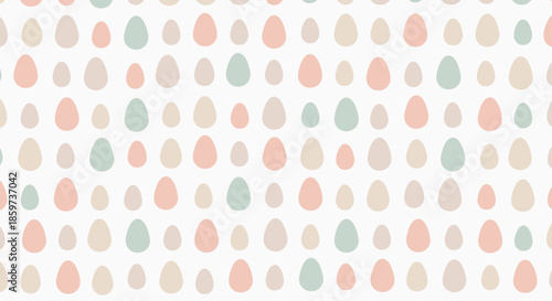 Minimalist seamless pattern featuring small simple eggs in soft pastel colors like blue pink and beige on a clean white background for easter.