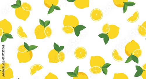 Bright and fresh seamless pattern of whole lemons slices and green leaves scattered on a white background perfect for summer kitchen textiles.