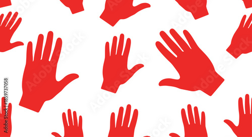 Striking seamless pattern of red hand silhouettes in various positions and sizes scattered across a white background for a bold graphic effect.