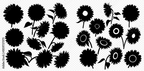 Collection of black sunflower silhouettes with various shapes and angles, perfect for floral designs and nature-inspired graphics.