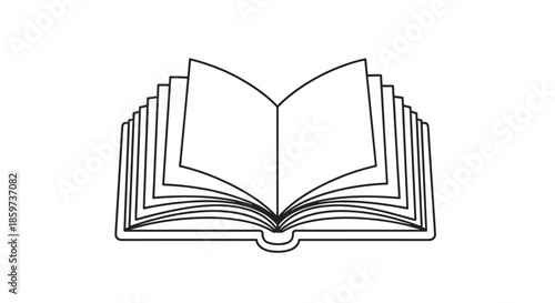 Simple and clean black and white line drawing of an open book with multiple pages visible perfect for education reading and library themes.