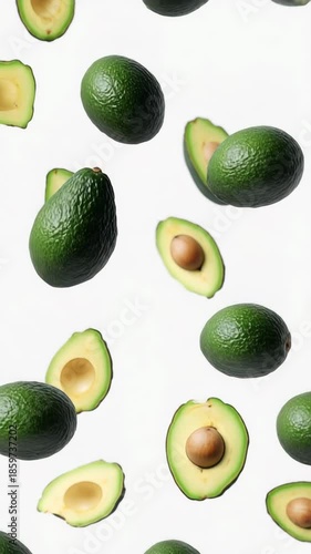 Fallende Avocados – Dynamischer Freisteller für Compositing auf weißem Hintergrund