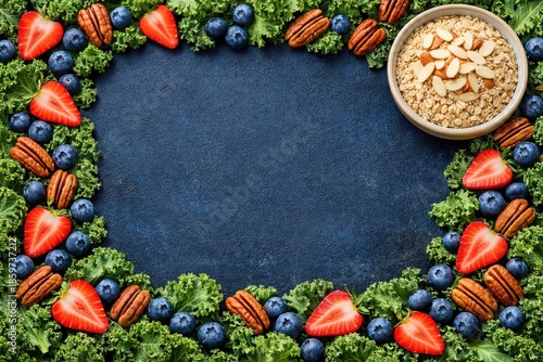 Wallpaper Mural Healthy Breakfast Frame of Kale, Berries, Nuts and Oatmeal Bowl healthy food border Torontodigital.ca