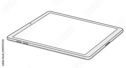 Modern white tablet computer with blank screen shown at an isometric angle on a plain white background for technology mockups.