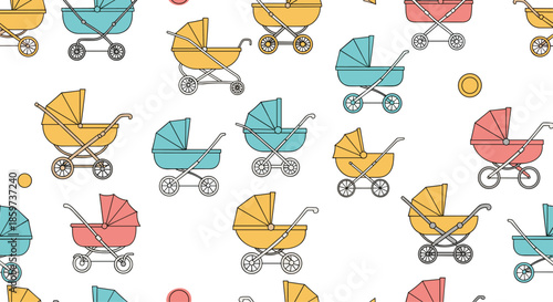 Cute seamless pattern showing various vintage style baby strollers and carriages in yellow, pink, and blue colors on a white background.