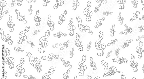 Seamless background pattern filled with multiple black line art musical treble clef symbols of various sizes on a white backdrop.