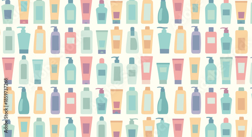 Seamless background pattern illustrating a variety of cosmetic bottles, lotion tubes, and pump dispensers in pastel colors for skincare products.