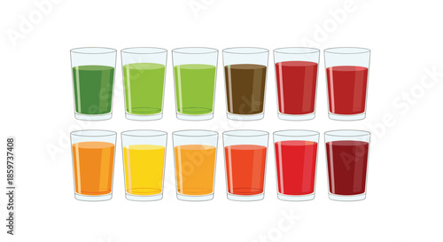 Collection of twelve glasses filled with various colorful fruit and vegetable juices, smoothies, and healthy drinks in a neat grid.