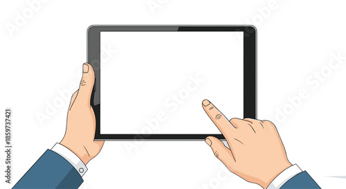 Close up of a person hands holding a modern black tablet computer and touching the blank white screen with an index finger.