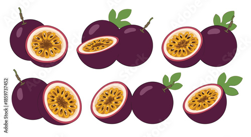 Set of purple passion fruit illustrations showing whole fruits with leaves and fruits cut in half to reveal orange seeds and pulp.