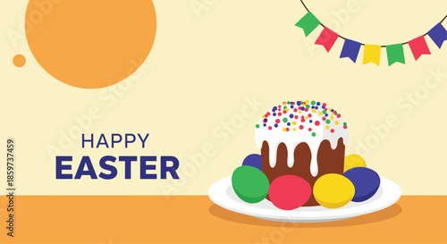 Happy Easter holiday greeting card featuring a traditional easter cake with icing and sprinkles surrounded by colorful eggs on a plate.