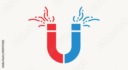 Red and blue horseshoe magnet icon with stylized magnetic field lines emitting from both poles on a light background.