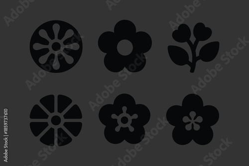 Set of Traditional Japanese Icons and Symbols, Black Vector Graphics Featuring Cherry Blossoms, Folding Fans, Seigaiha Waves, and Geometric Floral Motifs for Culture and Design