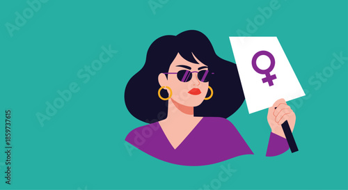 Stylish woman wearing purple clothes and sunglasses holding up a sign with the purple female symbol against a teal background for feminism.