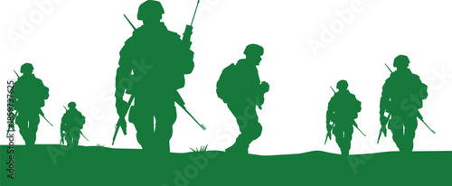Silhouetted soldiers in combat gear walking across rugged terrain, symbolizing military patrol, readiness, and tactical movement in defense operations.