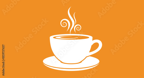 White silhouette of a steaming cup of coffee or tea on a saucer presented against a solid vibrant orange background for cafe design.