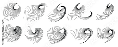 Abstract minimalist vector line art set with black geometric curved wave shapes on a transparent background pattern illustration. 
